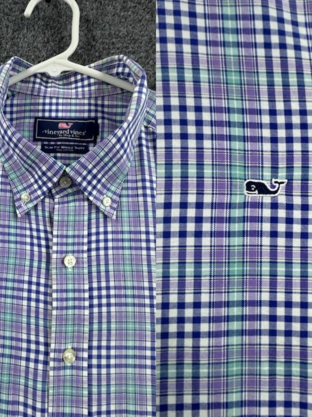 Vineyard Vines OCBD Logo Slim Fit Whale Plaid Blue 2XL Button-Down Men Shirt